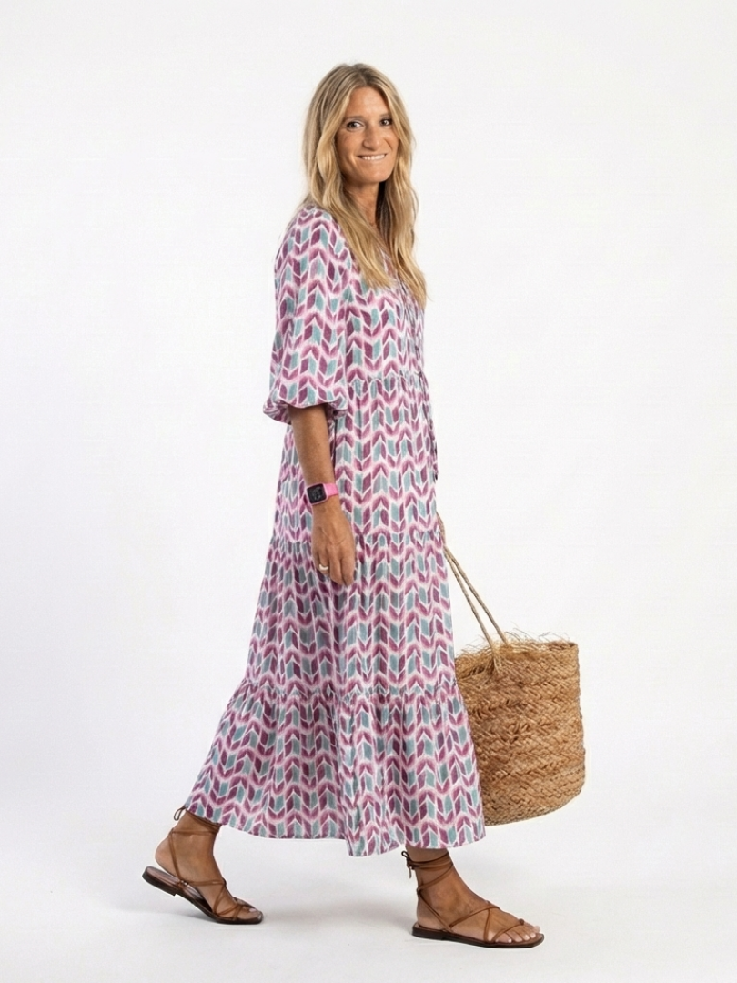Geometric Print V-Neck Long Sleeve Tiered Maxi Dress