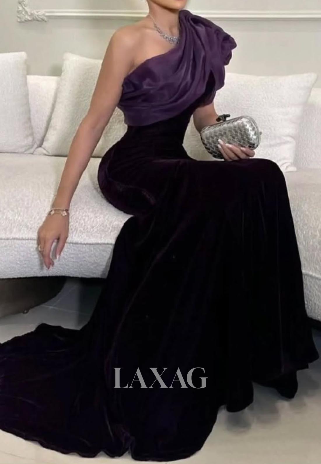 Asymmetrical-Neck Pleated Two Tone Formal Gowns Sleeveless Floor-Length Mermaid Evening Dress