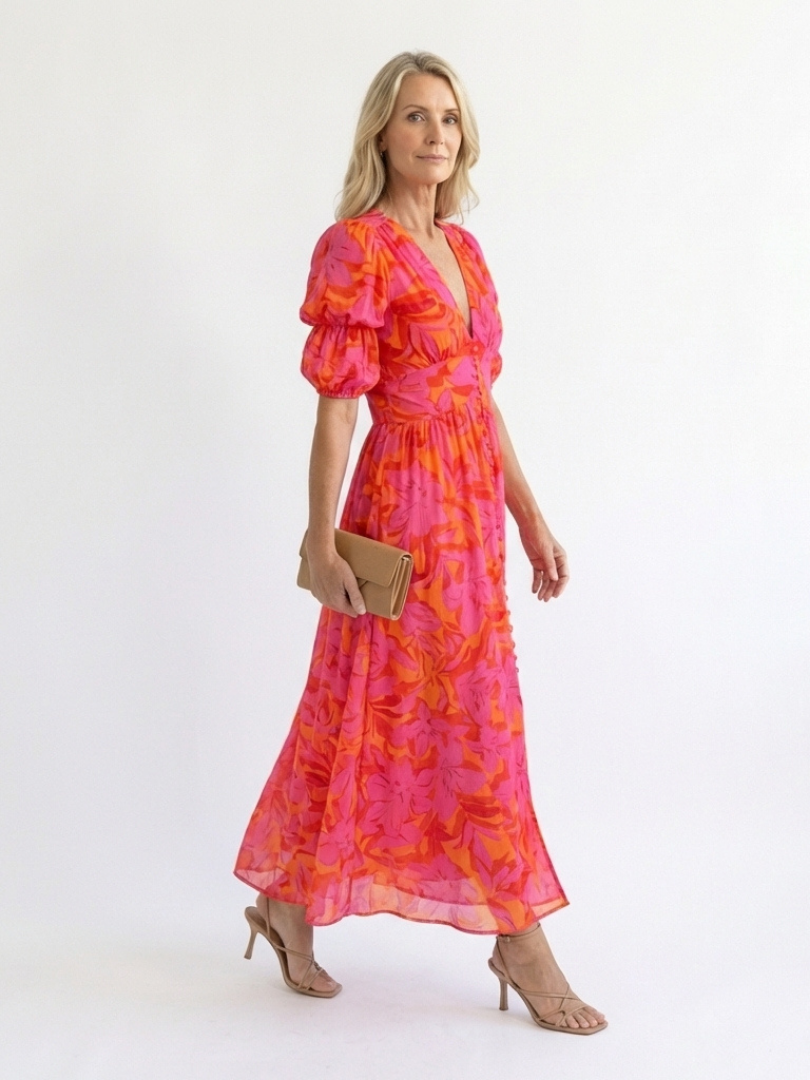 Floral V-Neck Puff Sleeve Button Front Midi Dress
