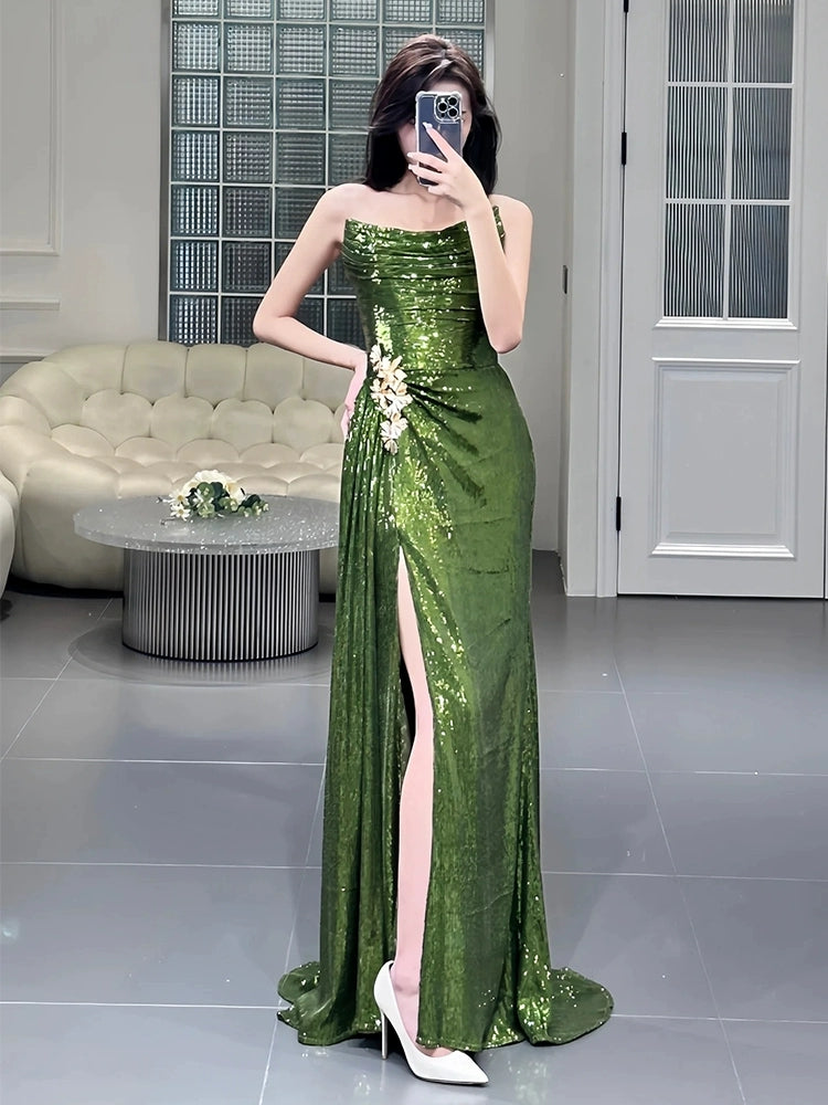 Green Sequin Mermaid Long Prom Dress Sexy Evening Dresses   fg7668