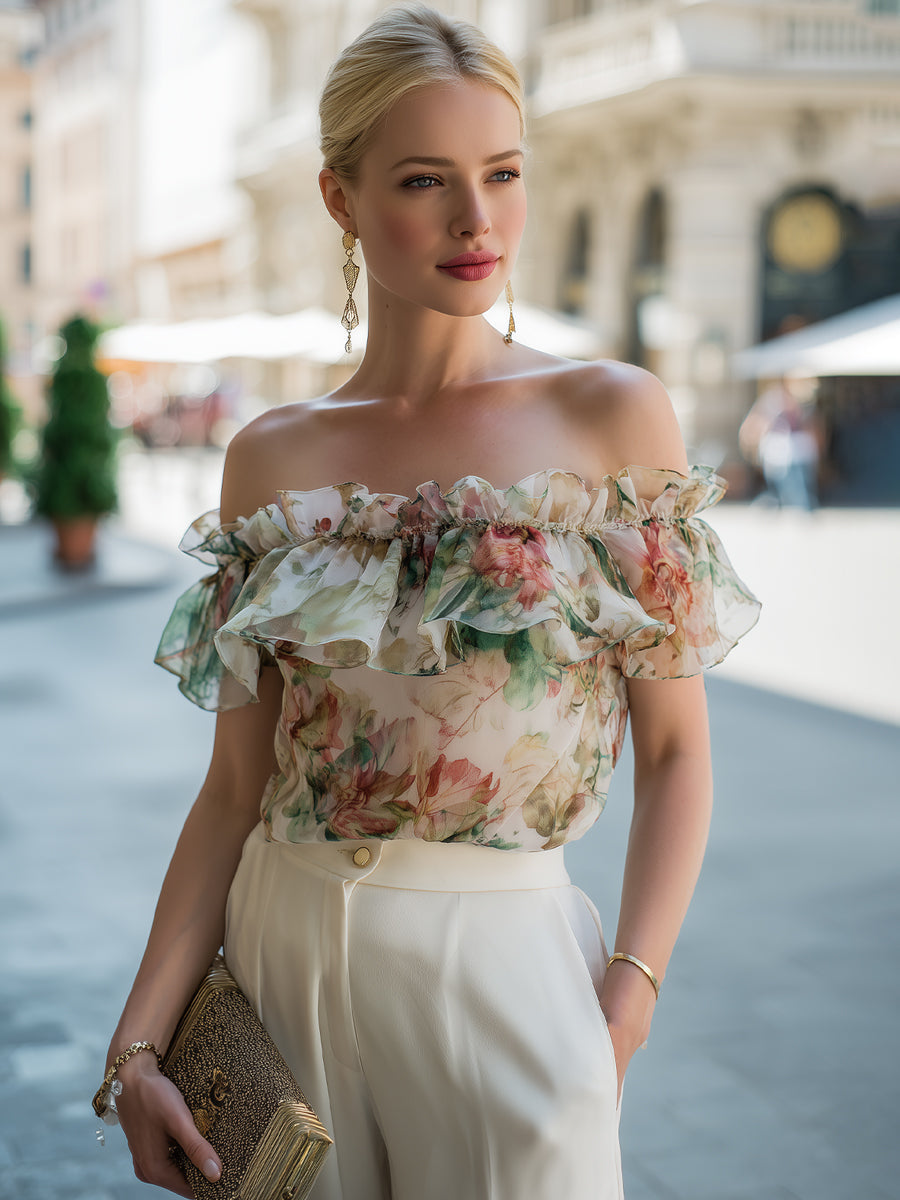 Floral Off Shoulder Ruffle Chiffon Top
