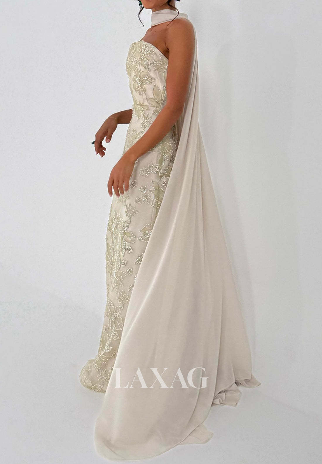 Tube Top Sleeveless Satin Mermaid Evening Dress Beaded Applique Formal Gowns with Chiffon Overlay