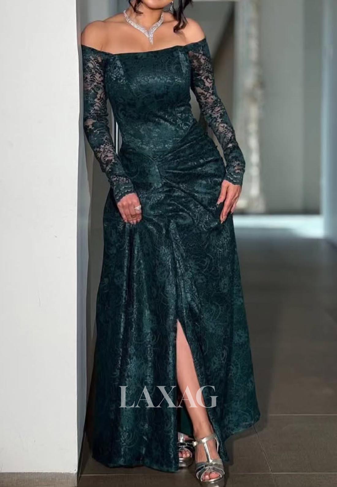 Bateau-Neck Long-Sleeves Allover Lace Formal Gowns Floor-Length Pleated Mermaid Evening Dress