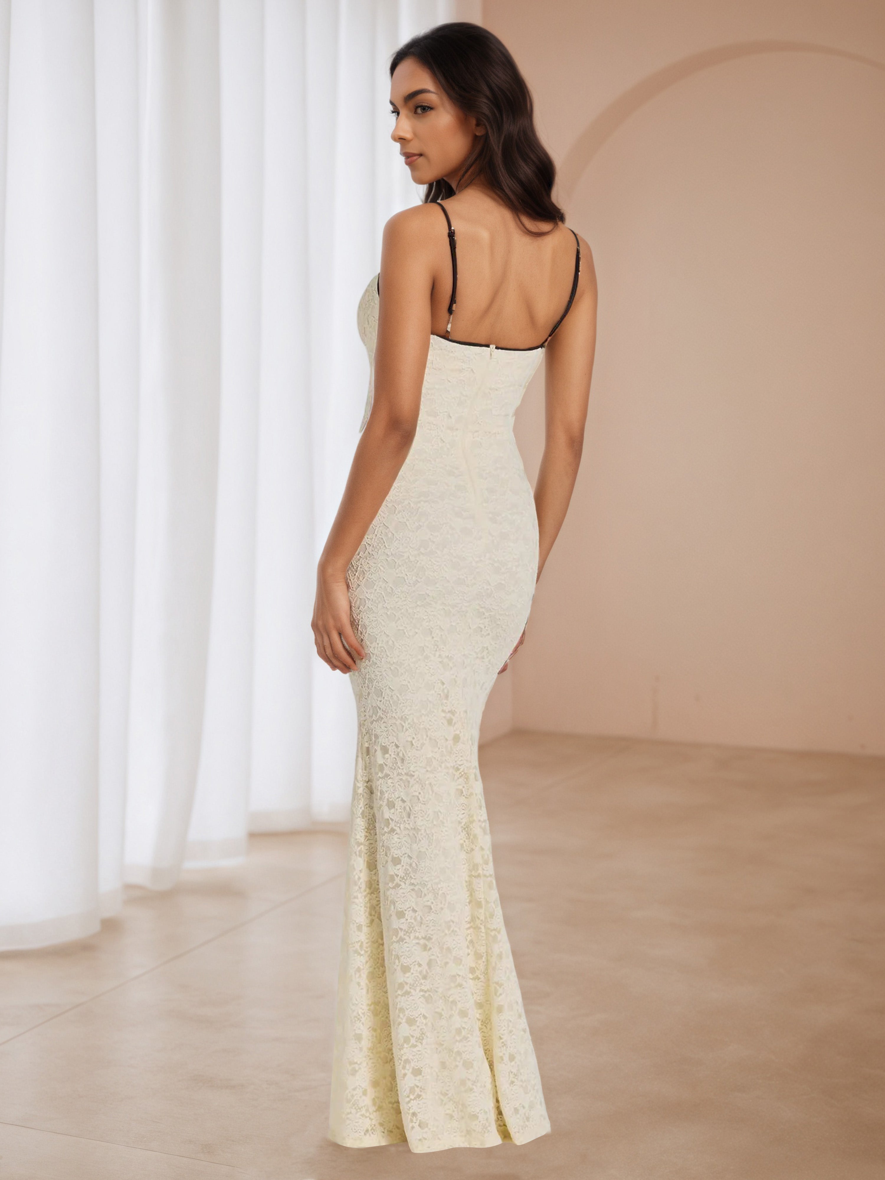 Illusion Neckline Ivory Lace Spaghetti Straps Formal Dresses