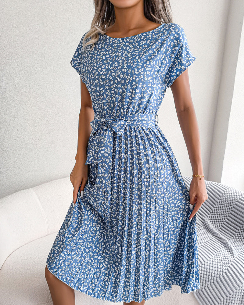 Short sleeve floral print tie dress