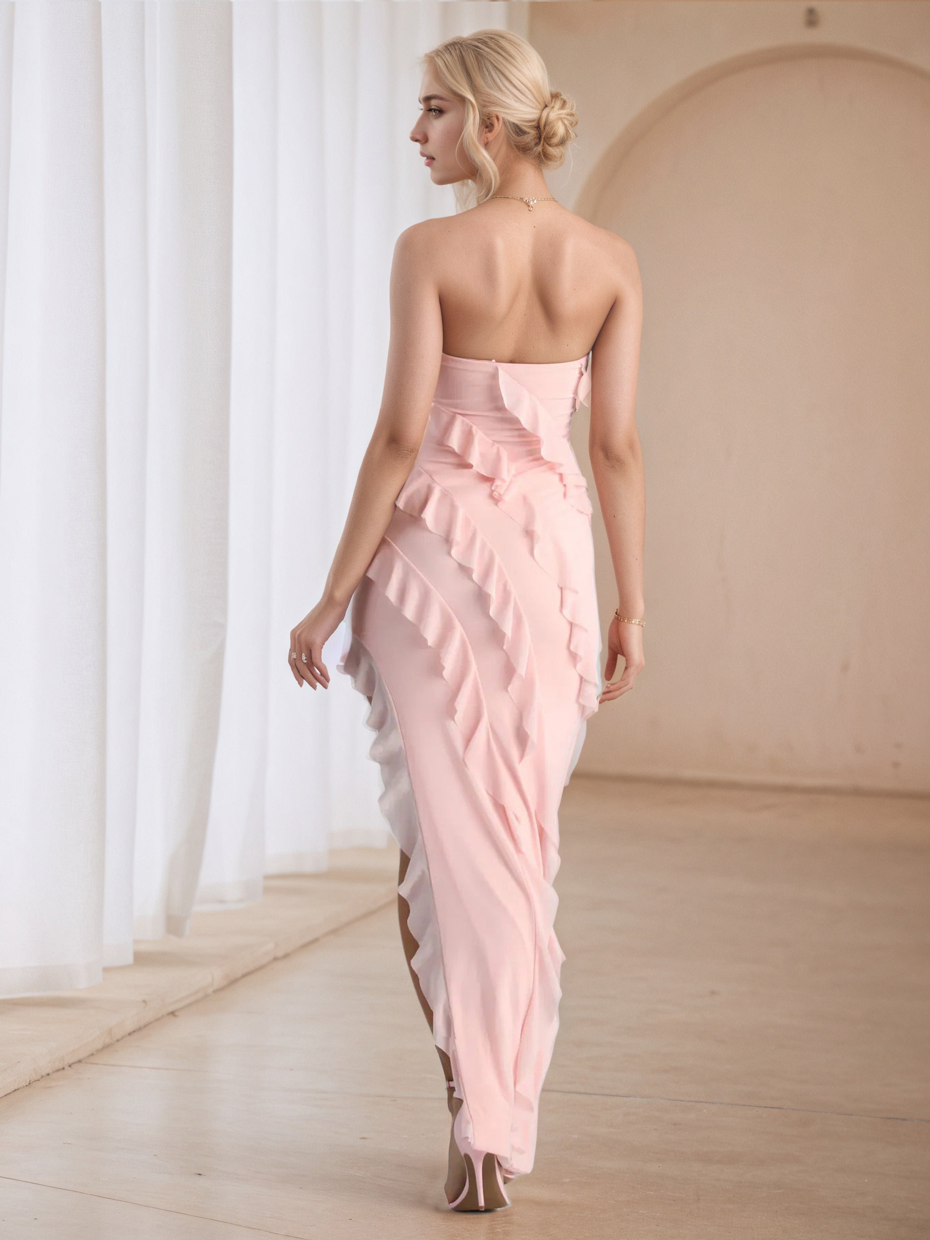 Asymmetrical Strapless Blushing Pink Ruffle Sleeveless Formal Dresses