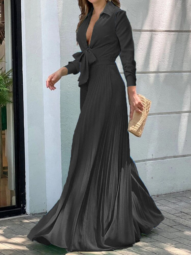 Floral Print Shirt Collar Deep V-Neck Tie Waist Long Sleeve Maxi Dress