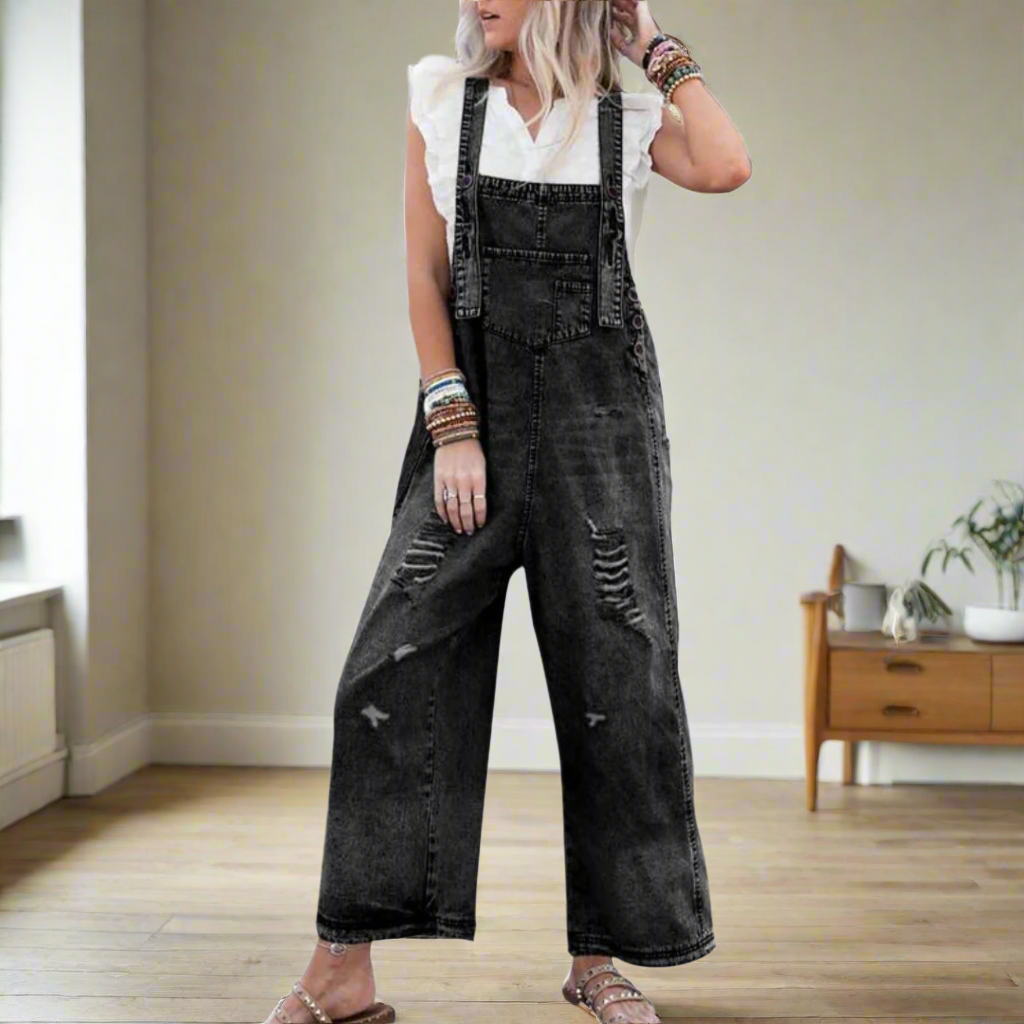 Distressed Denim Wide Leg Overall Jumpsuit