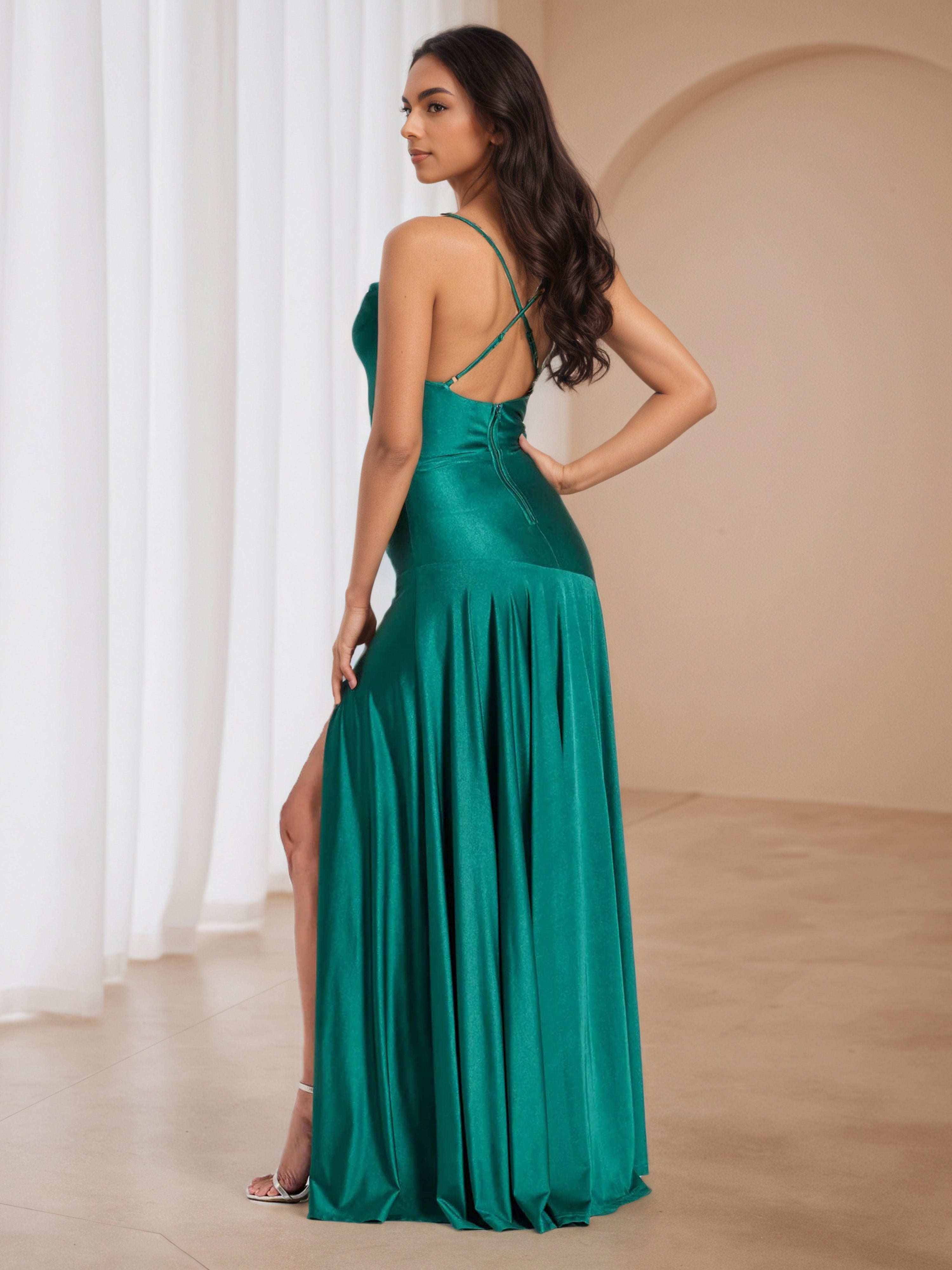 Peacock Sweep/Brush Train Spaghetti Straps Sheath Formal Dresses