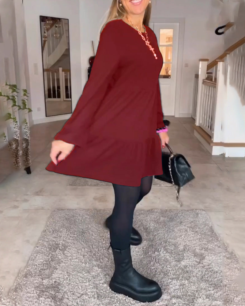 Long Sleeve Crew Neck Tiered Smock Babydoll Mini Dress