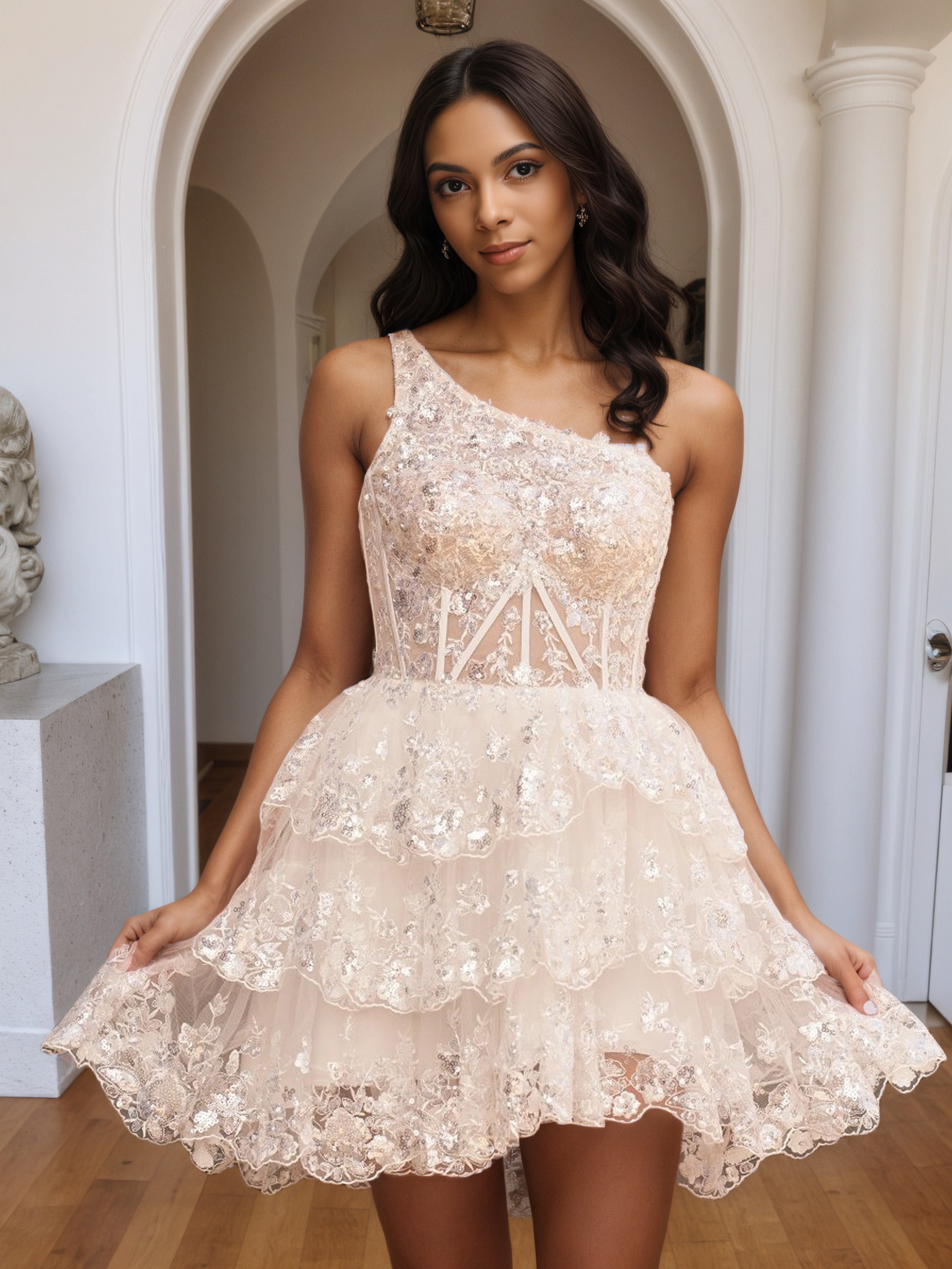 One Shoulder Ivory Tiered Lace A Line Homecoming Dress