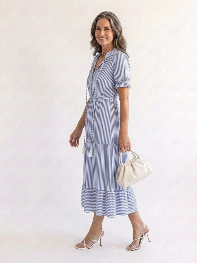 Striped Short Sleeve Button Front Tiered Midi Shirt Dress