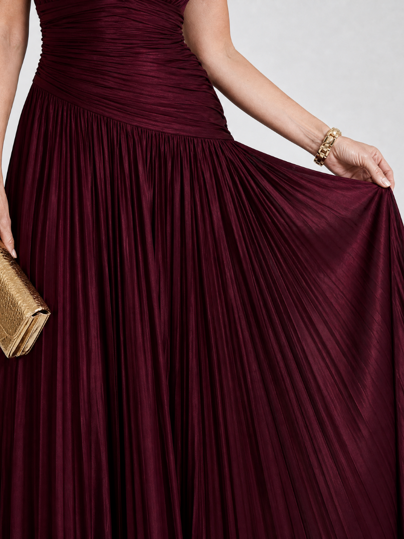 Pleated V-Neck Sleeveless Ruched Waist Maxi Gown