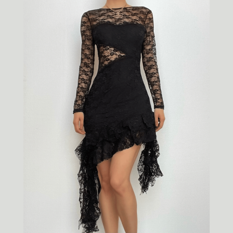 Long Sleeve Sheer Lace Cut Out Asymmetric Ruffle Hem Mini Dress