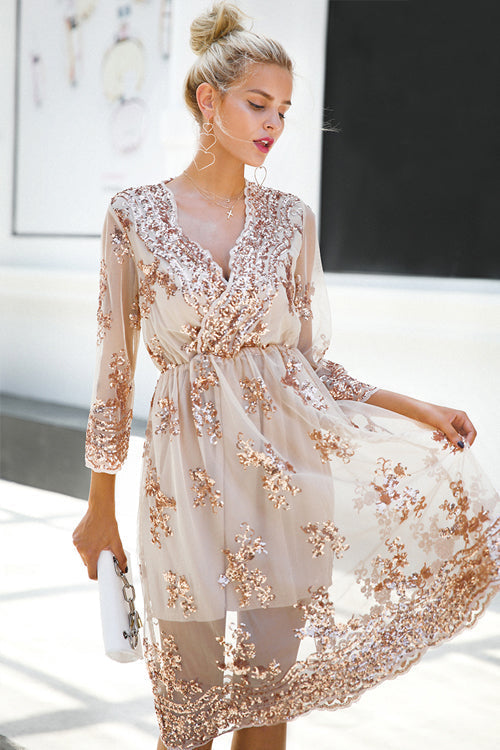 Sequin Floral Deep V-Neck Long Sleeve Wrap Mini Dress