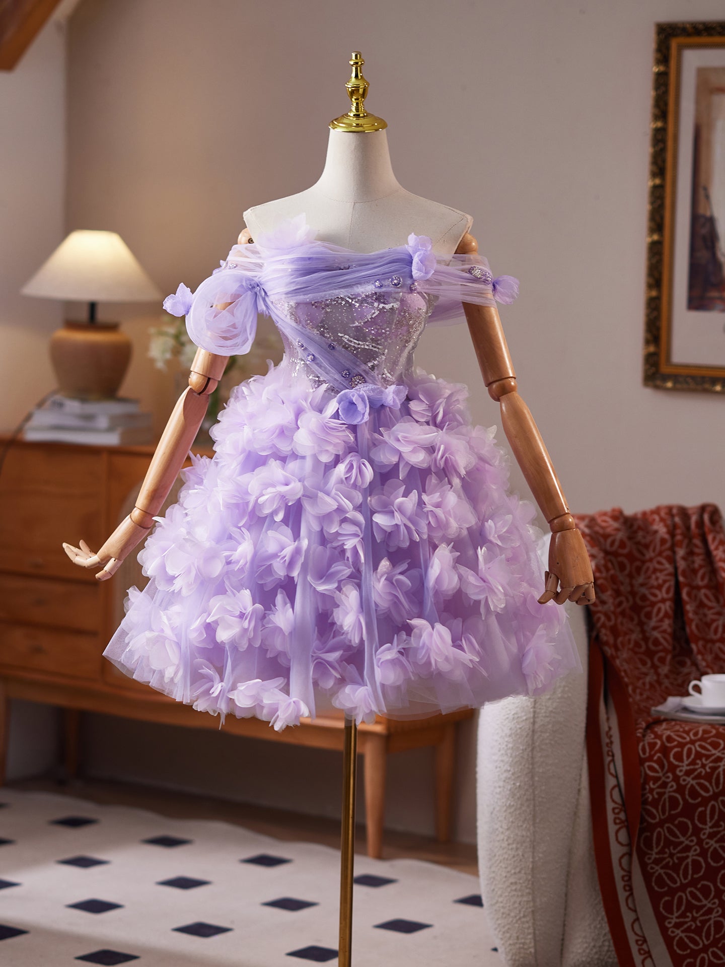 Gorgeous Lilac Tulle Flower Appliques A Line Homecoming Dress with Sequins