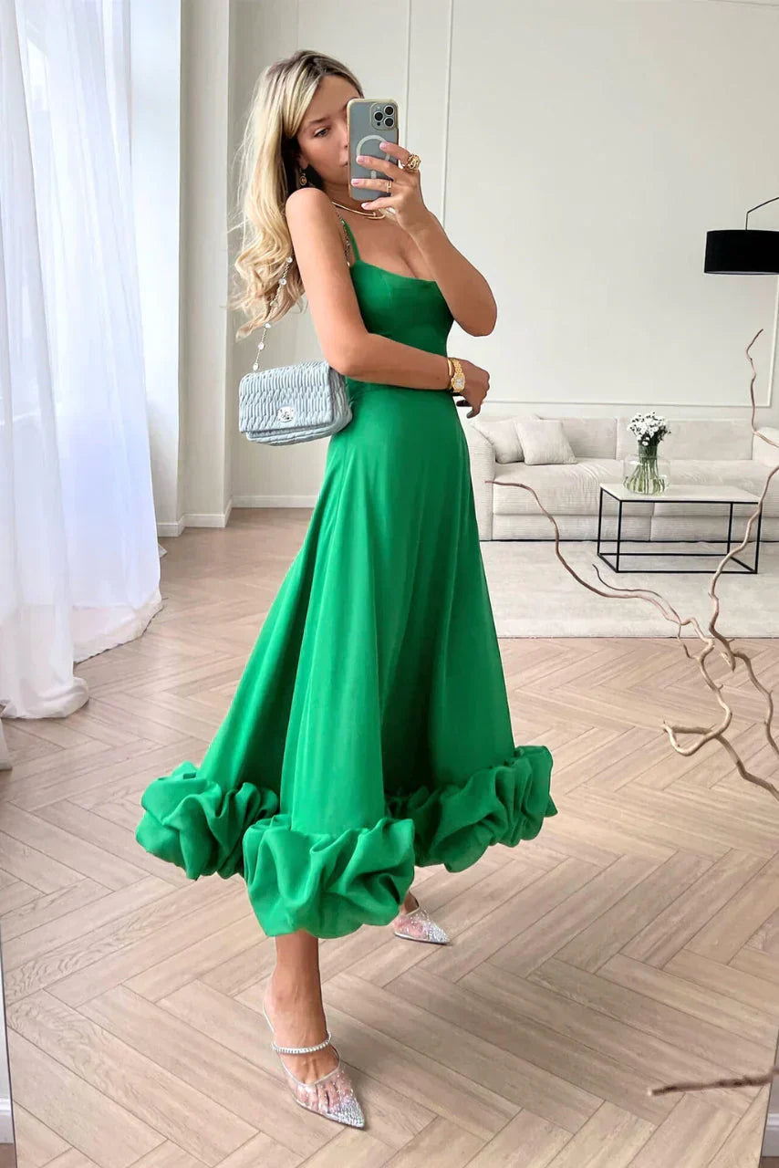 Spaghetti Strap Scoop Neck Fitted Bodice Organza Bubble Hem A-Line Midi Dress