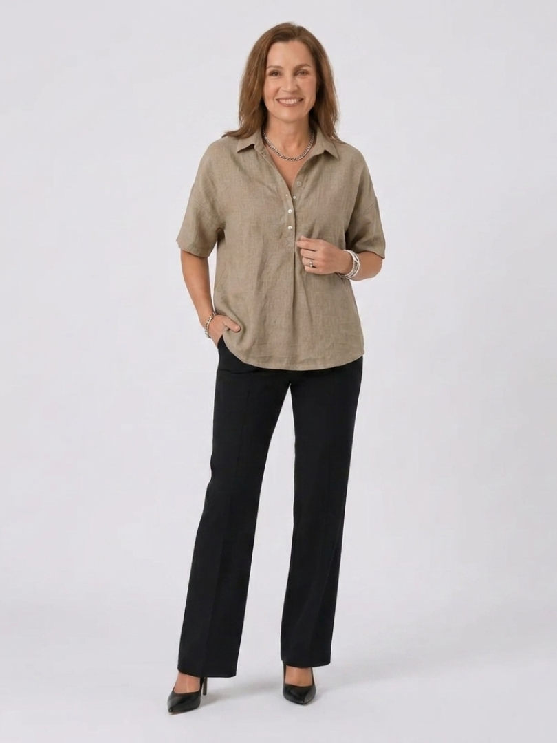 Collared Half Button Short Sleeve Popover Shirt