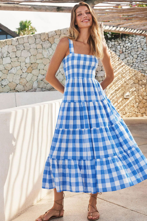 Dance With Me Plaid Print Babydoll Maxi Dress - 3 Colors Blue
