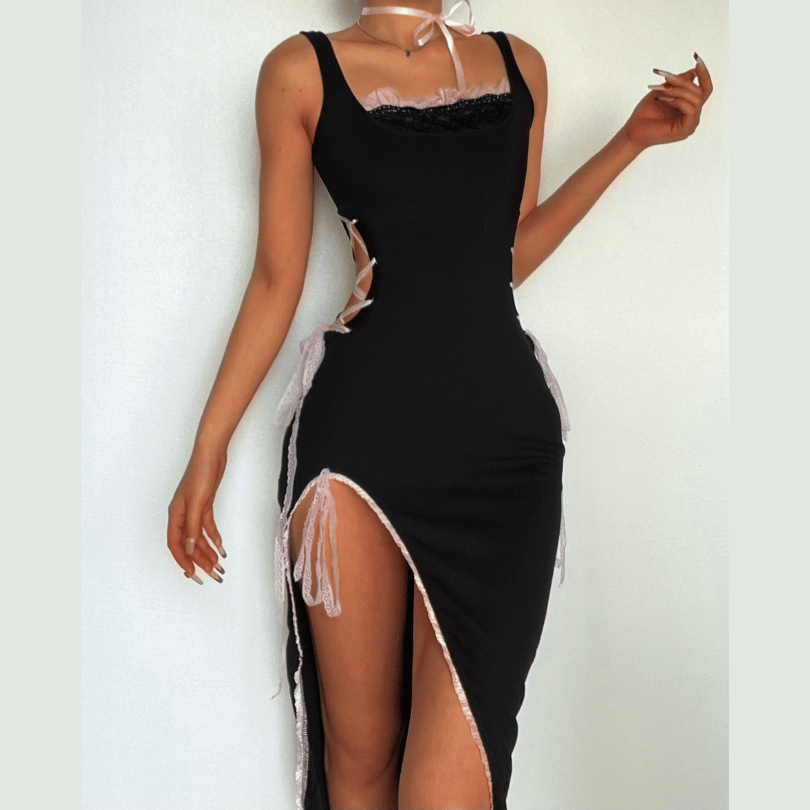 Lace up contrast sleeveless hollow out irregular midi dress - View 2