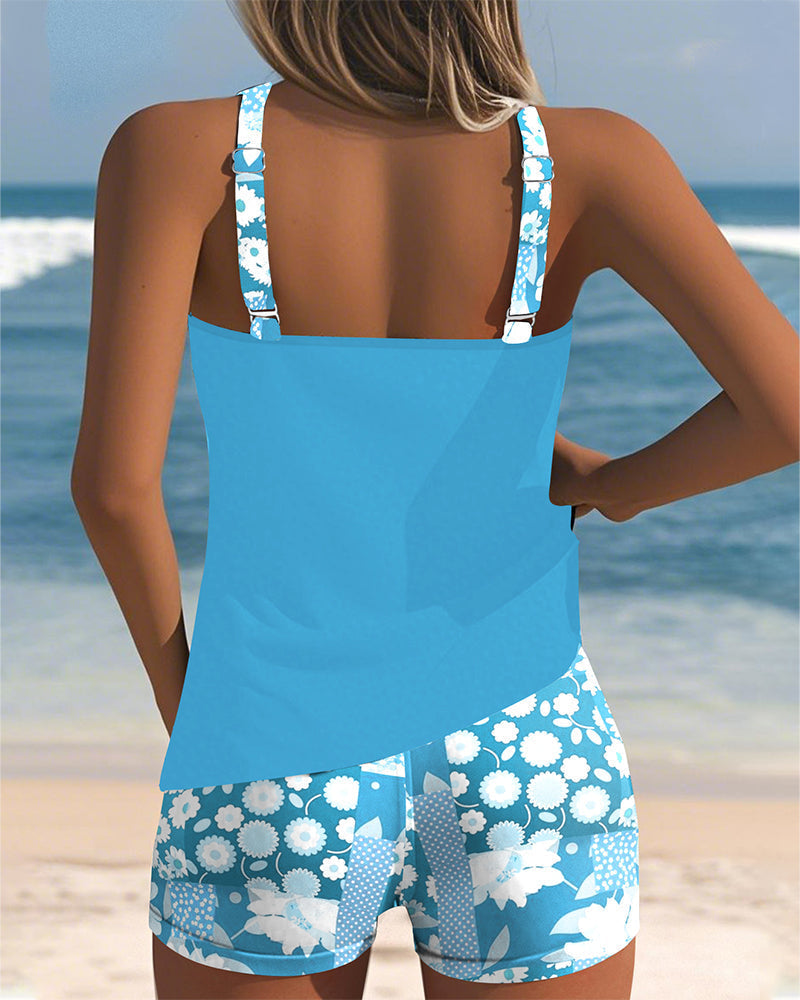 Racerback Tankini Top and Floral Shorts Swimsuit Set