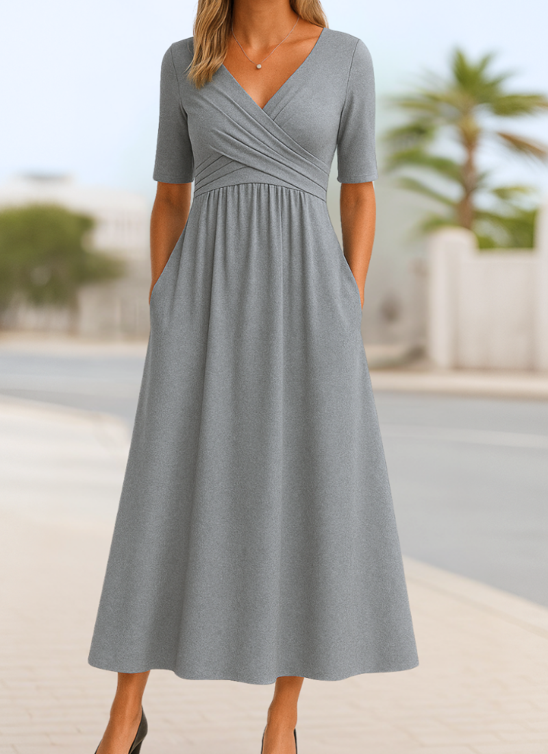 Faux Wrap V-Neck Short Sleeve A-Line Midi Dress 4