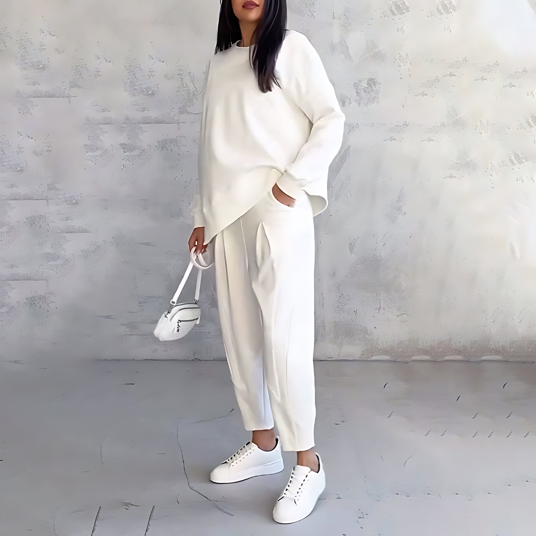 Boat Neck Long Sleeve Top and Tapered Pants Two Piece Set