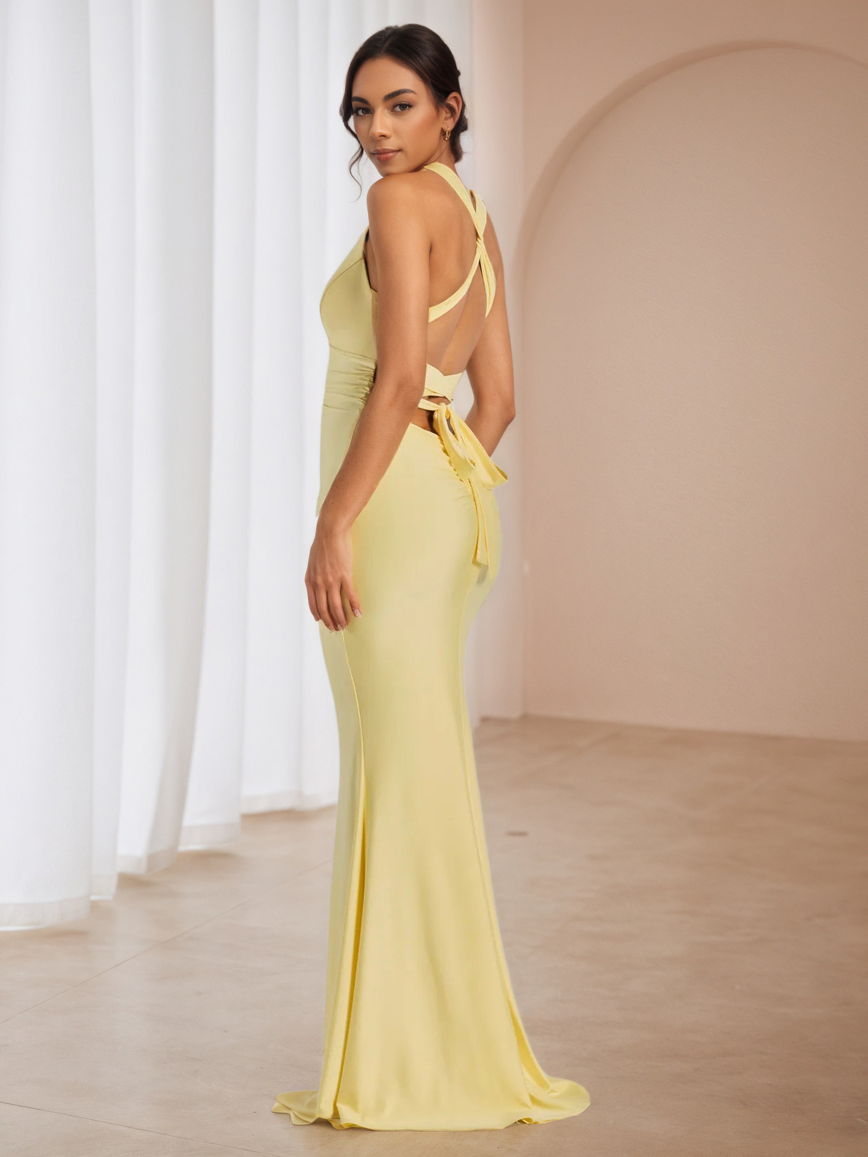 V-Neck Straps Daffodil Formal Dresses