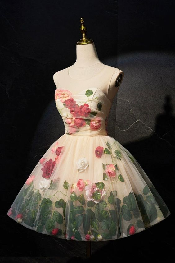 Cute Scoop Neck Short Prom Dress with Flowers, A-Line Party Dress