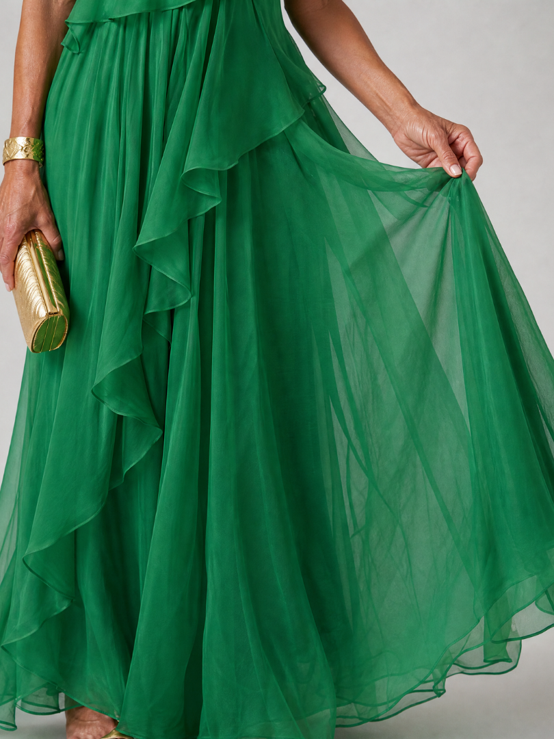 One Shoulder Cascading Ruffle Chiffon Maxi Gown