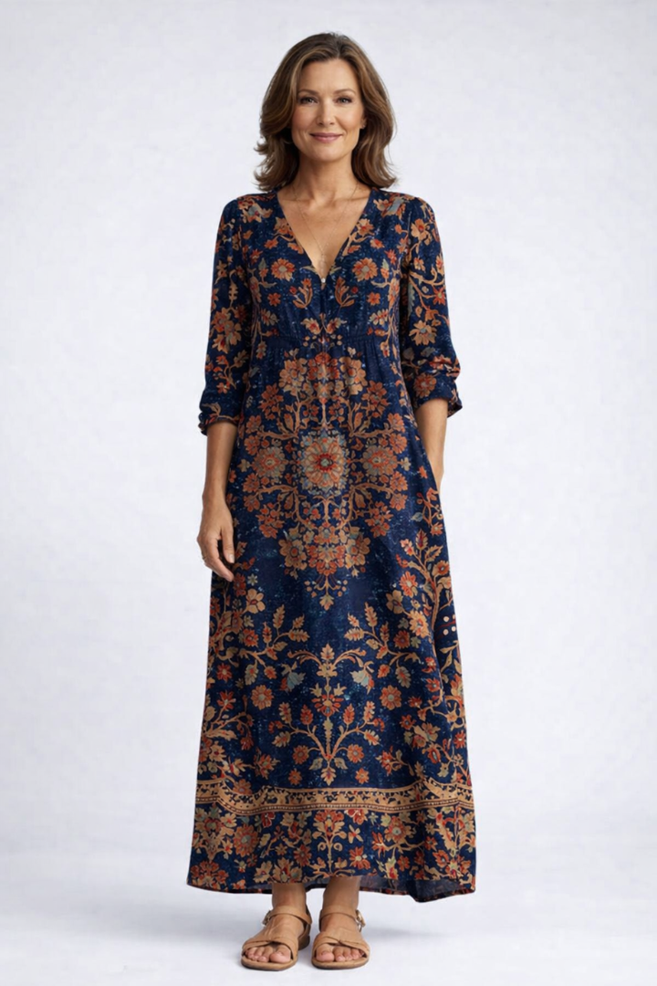 Floral Print V-Neck Long Sleeve Empire Waist Maxi Dress