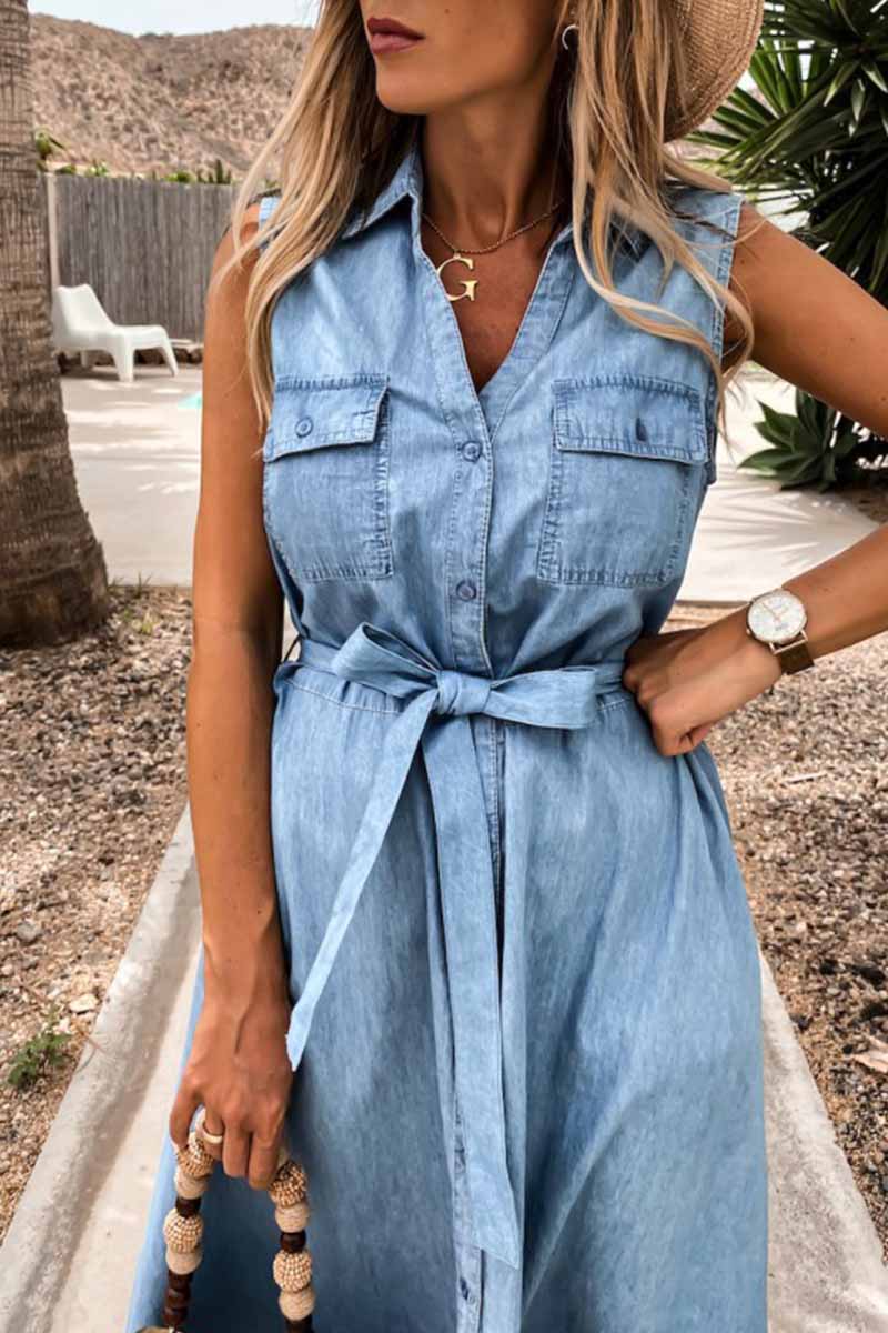 Denim-Look Sleeveless Collared Button Front Belted Midi Shirt Dress 4