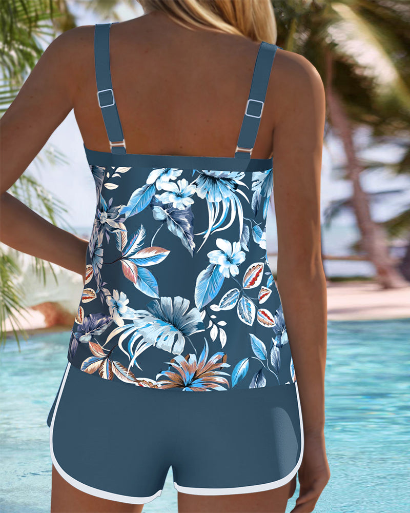 Tropical Floral Scoop Neck Tankini and Boyshort Swimsuit Set