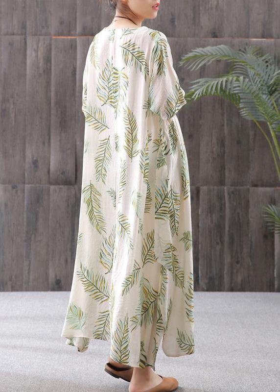 Tropical Palm Leaf Print Round Neck Short Sleeve Asymmetric Hem Midi Dress