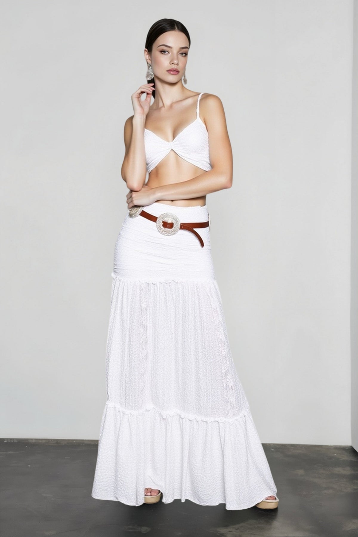 Textured Fitted Hip Lace Trim Tiered Ruffle Maxi Skirt