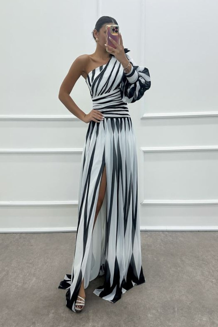 One Shoulder Puff Sleeve Ruched Waist Pleated High Split Maxi Gown