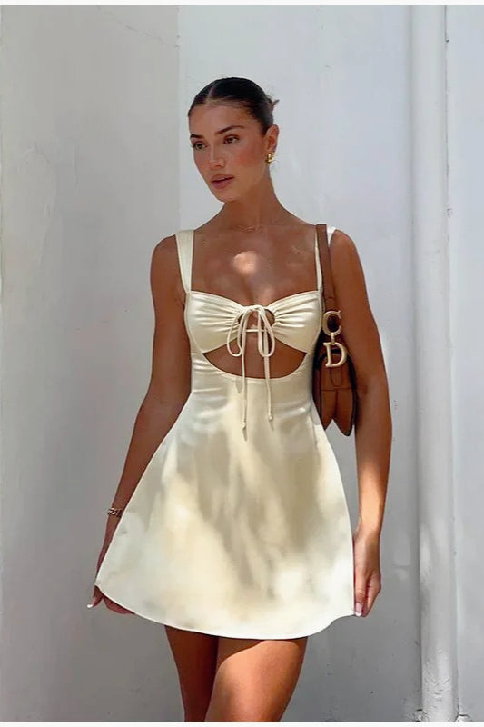Satin Sweetheart Cut Out Tie Front Wide Strap Ruched Mini Dress