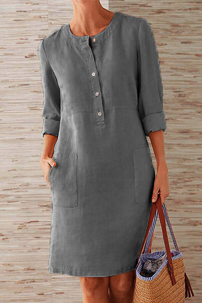 Round Neck Partial Button Patch Pocket Three Quarter Sleeve Shift Dress