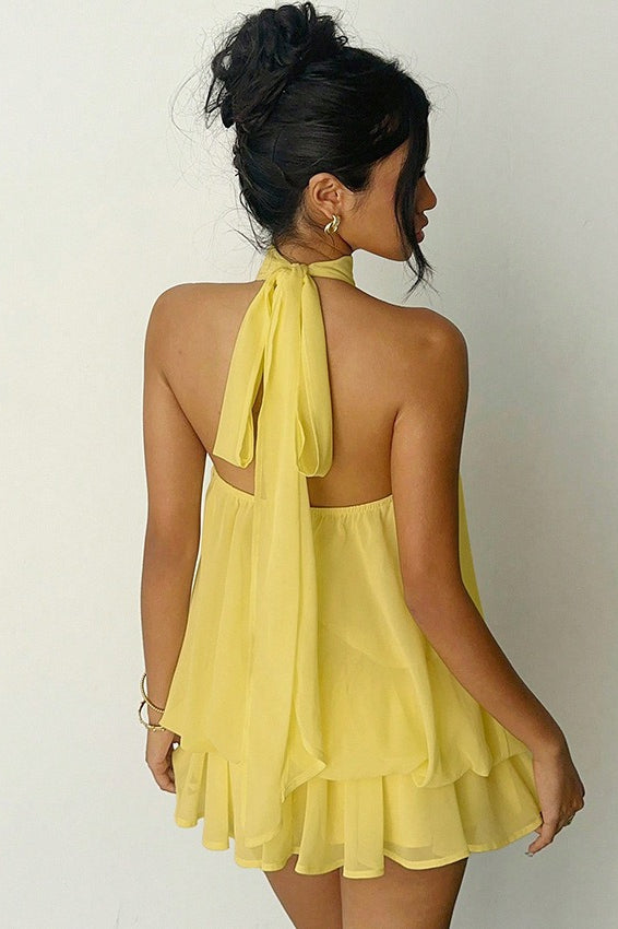 Chiffon Halter Neck Tiered A-Line Mini Dress