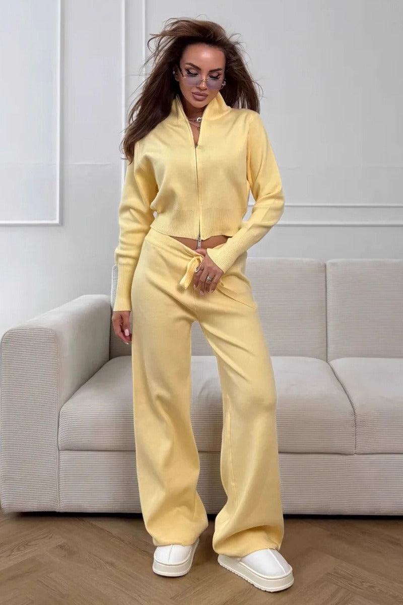 Long Sleeve Zippered Cardigan Knit Set