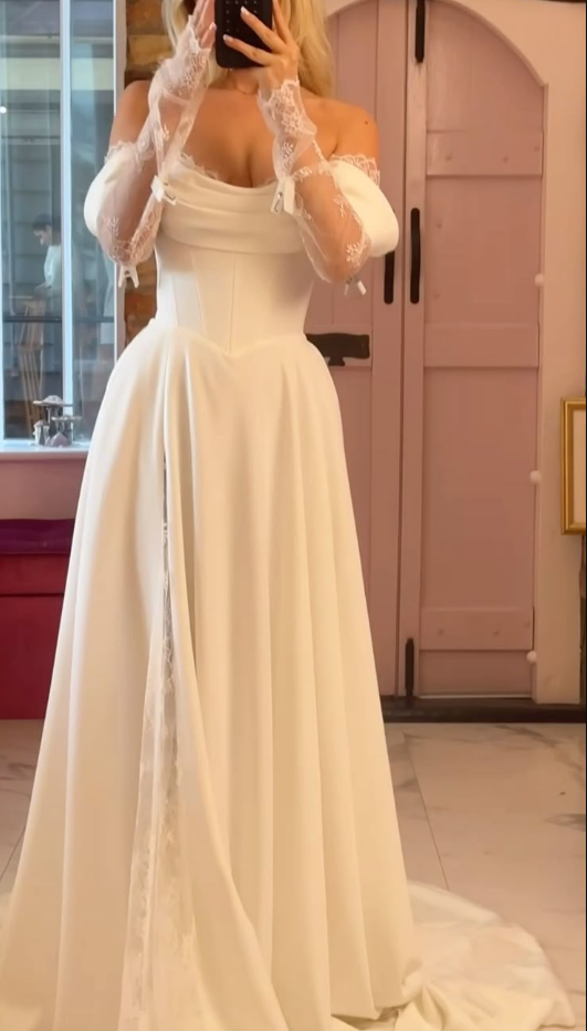 Off Shoulder Long Lace Long Sleeves Wedding Dress Bridal Gown