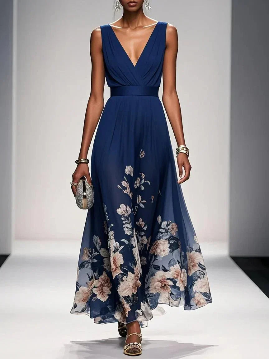 Floral Chiffon Deep V-Neck Sleeveless Pleated Maxi Dress 2