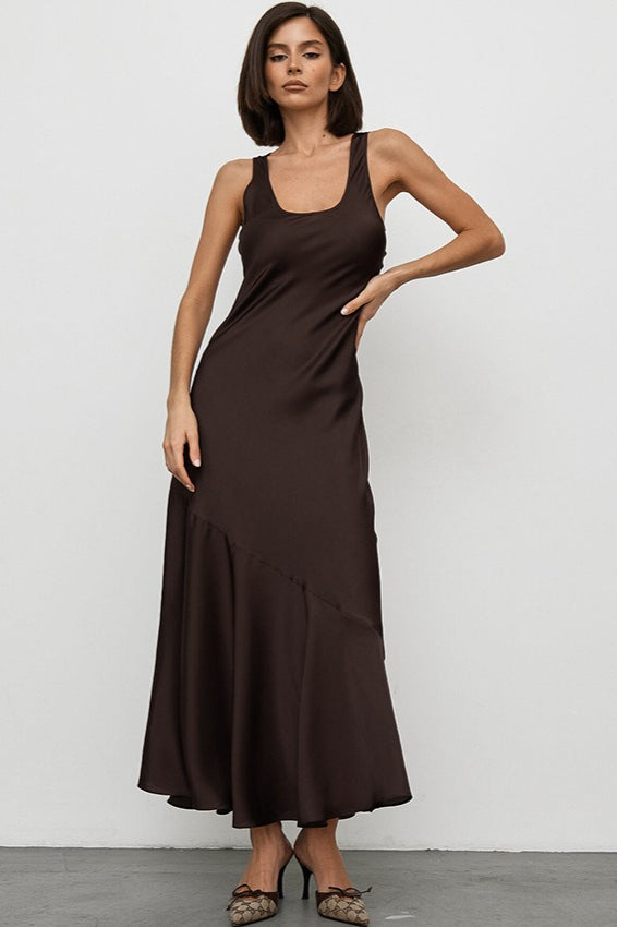 Scoop Neck Sleeveless Satin Asymmetric Seam Flared Hem Maxi Dress