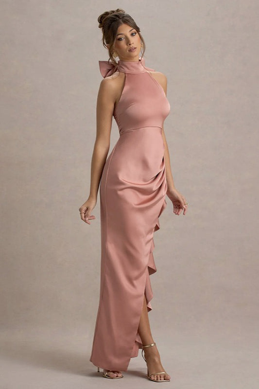 Satin High Neck Bow Back Ruched Ruffle High Split Gown