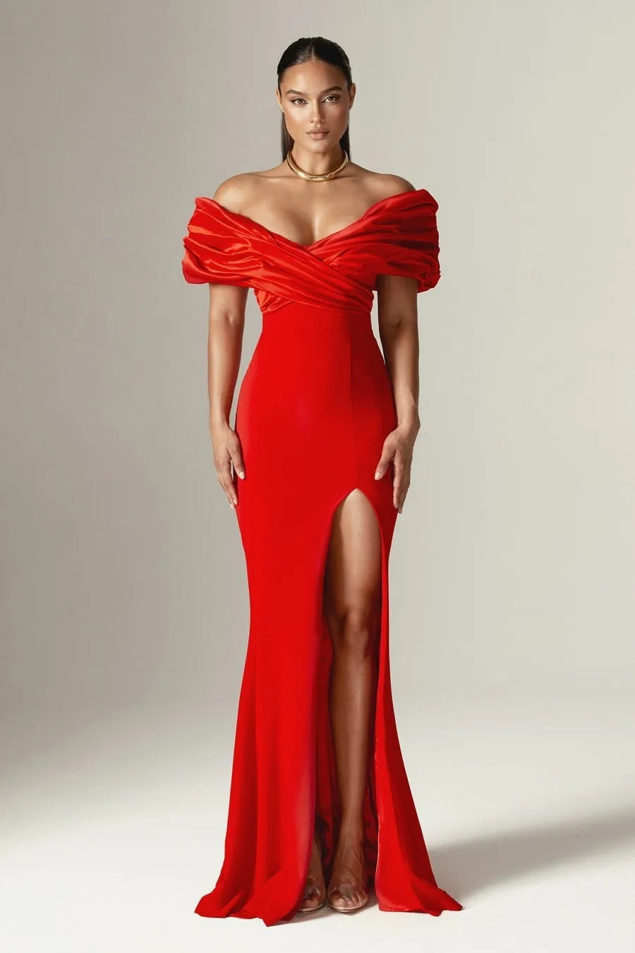 Satin Off Shoulder Ruched High Split Mermaid Gown