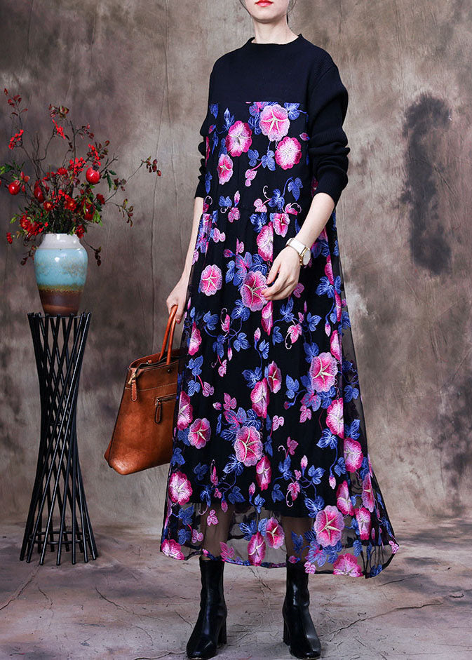 Floral Embroidered Mesh Overlay Long Sleeve Knit Maxi Dress