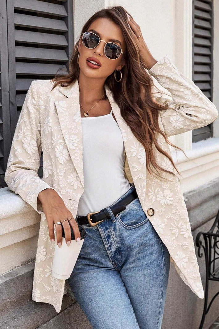 Floral Jacquard Notch Lapel Long Sleeve Single Button Blazer