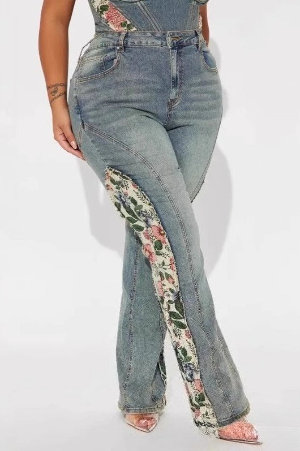 Floral Paneled High Stretch Flare Slim Stylish Jeans