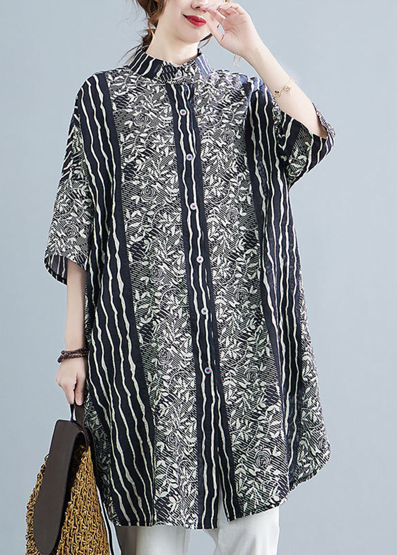 Floral Print Collar Button Front Panel Stripe Shirt Dress