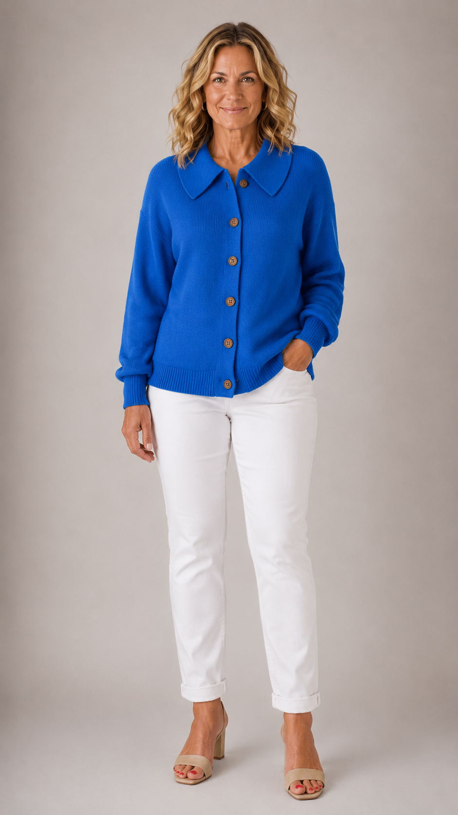 Collared Button Front Long Sleeve Knit Cardigan